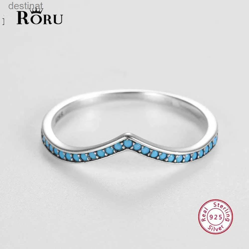 Solitaire Ring S925 Sterling Silver Curved Finger Rings Turquoise Stone for Women V Shape Stacking Ring Vintage Anniversary Bridal Fine JewelryL231220