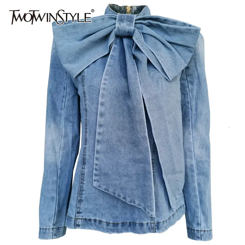 Men's Vests TWOTWINSTYLE Patchwork Bow Denim Women's Jacket Stand Collar Long Sleeve Vintage Ruched Jackets For Female Fashion Clothing 231219