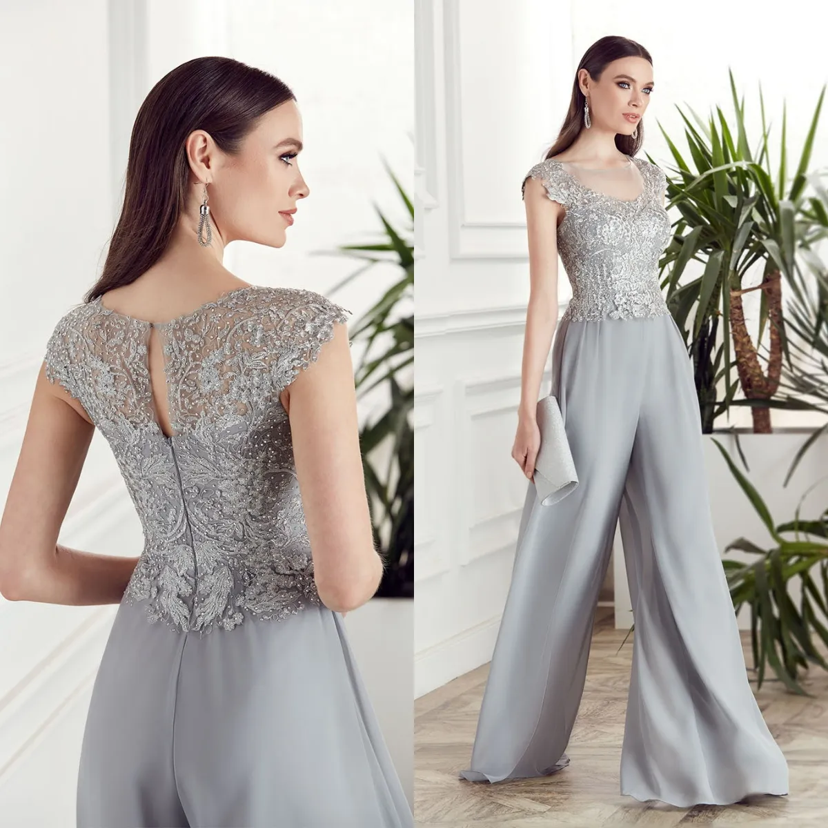 Elegant Silver Grey Mother Of The Bride Dresses Lace Evening Dress Scoop Neck Appliqued Wedding Guest Dress Abito Cerimonia