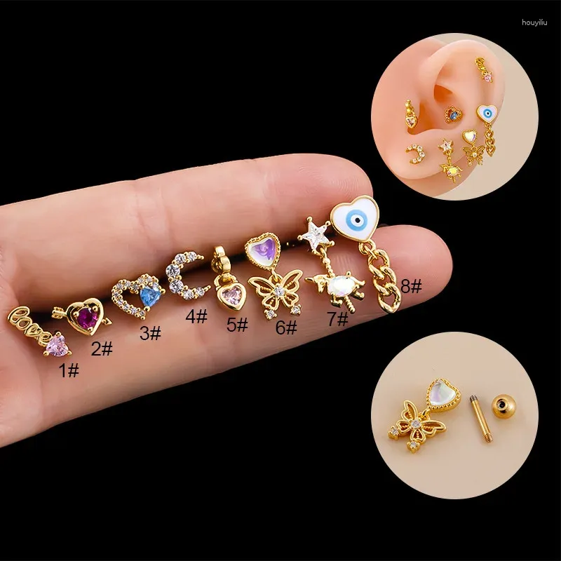 Boucles d'oreilles étalon 1 active zircon coeur lune lune en acier inoxydable boucle d'oreille pour femmes bijoux menottes d'oreille de 1,2 mm d'épaisseur de piercing