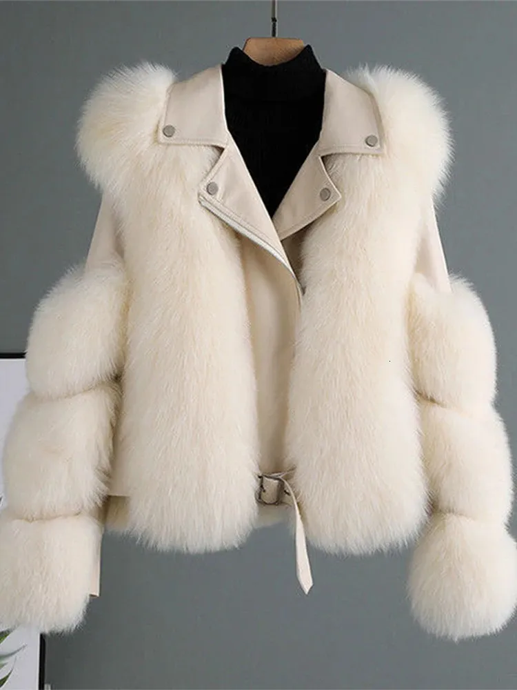 Fashion Faux Fur Kurtka dla kobiet Patchwork Pat Gone Rleeve Pu Skórzowy puszysty żeński gęstwy płaszcz Zima luksusowa luźna dama warstwa 231220