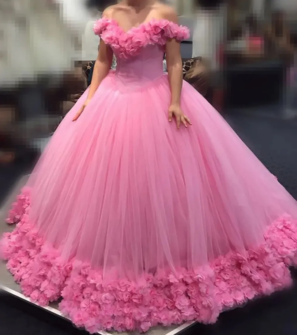 Abiti a sfera rosa Quinceanera vestiti fuori spalla a mano fatta fiori lunghi dolci sedici feste formali abiti da ballo per juniors balom