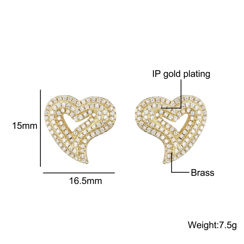 Stud Hip Micro 1 paire en forme de coeur Pave Baguette cubique Zircon pierre glace sur boucle d'oreille CZ boucles d'oreilles en cuivre pour femmes hommes bijoux 231219