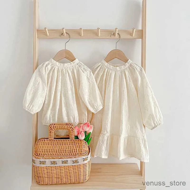 Mädchenkleider Schwester passende Outfit Baby Girls Kleidung Langarm Dollkragen Blume Stickerei Kleid und Baby Strampler Prinzessin Kleider