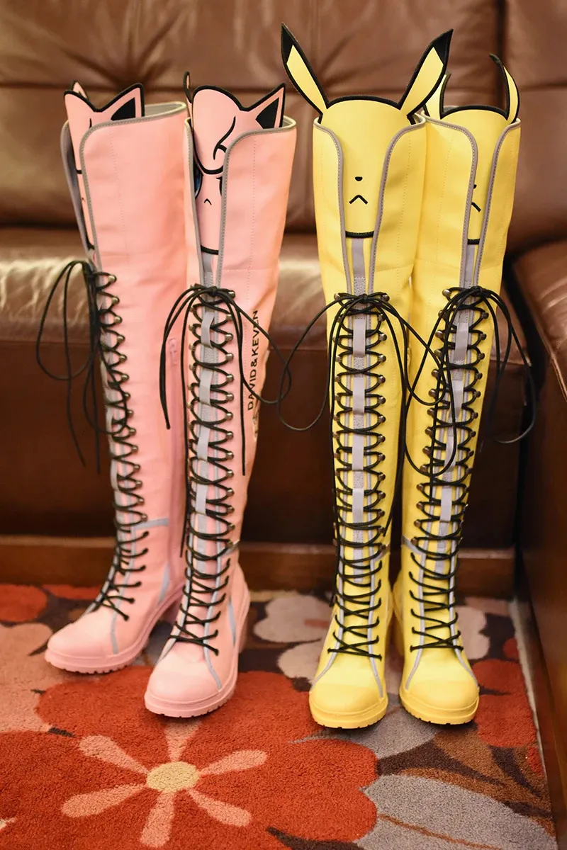 Cute Cartoon Animation Thigh Boot Lace Up Over The Knee High Heel Waterproof Platform Zipper Female Designer Shoes 231220