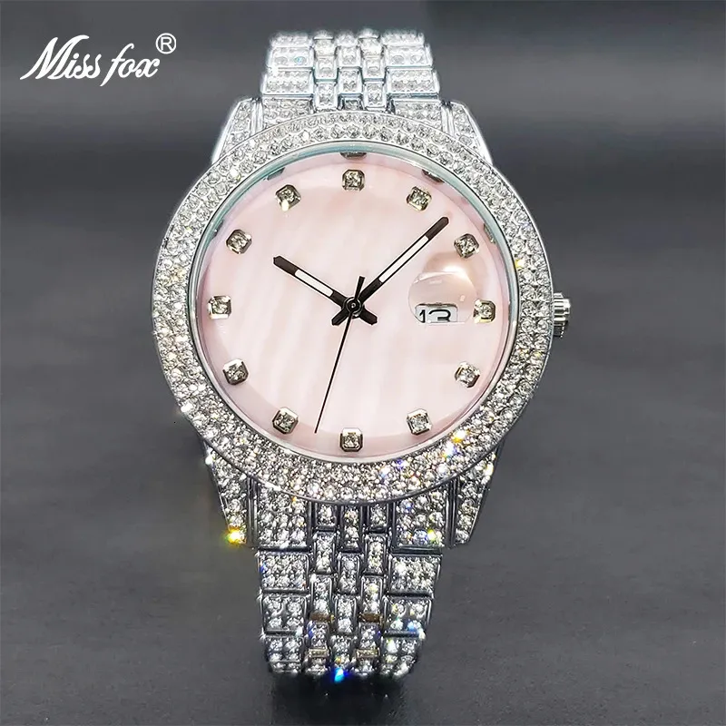Armbandsur Relogio Feminino Missfox Elegant Diamond Bling Pink Watch for Women Genève Luxury Unique Pearl Dial Dress Watches Drop 231220
