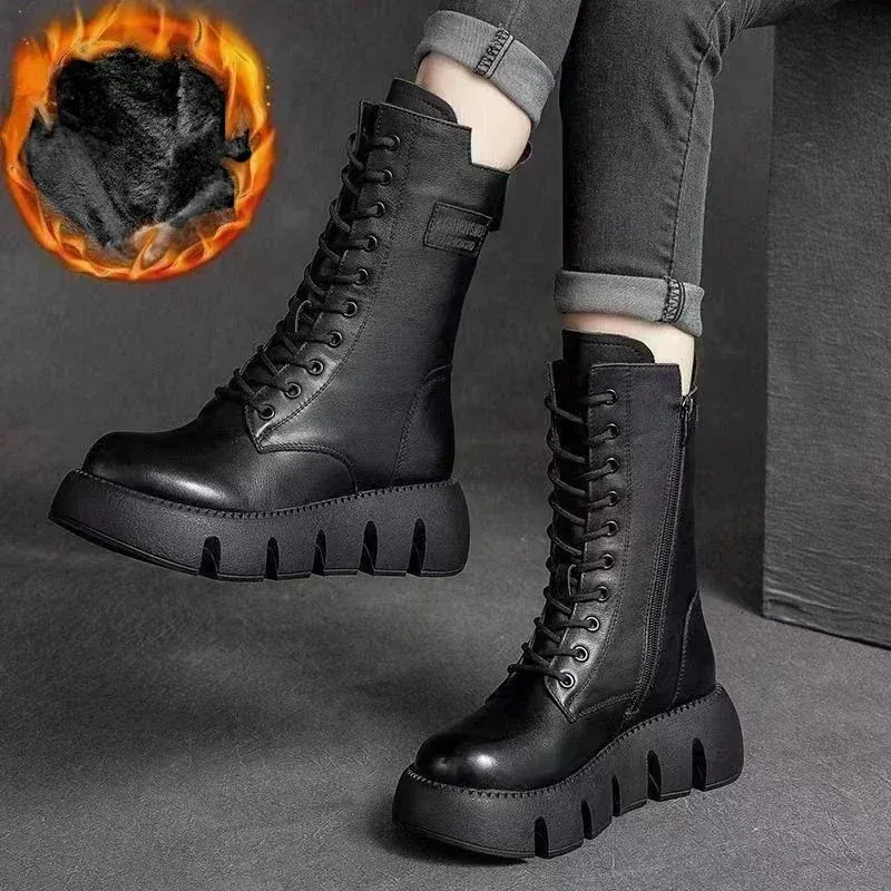 Boots Winter Leather Women Boots Short Plush Mid-heel Snow Boots Lace Up Warm Lady Platform Biker Ankle Boots for Women Shoes 231219