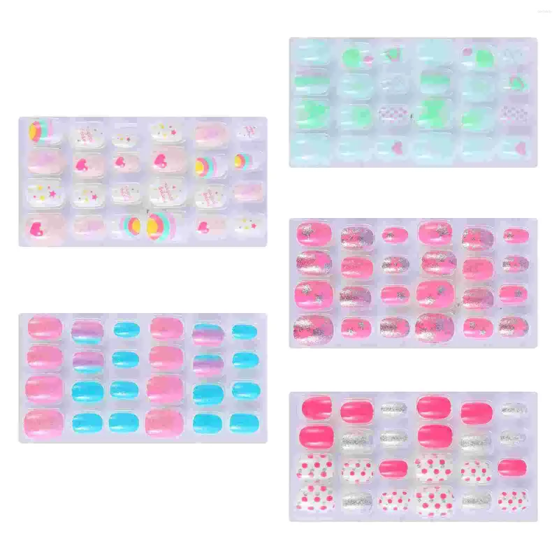 False Nails 120 Pcs Children's Nail Art Girls Stickers Press On Glue Kids Manicure Fake Full Cover Abs Artificial