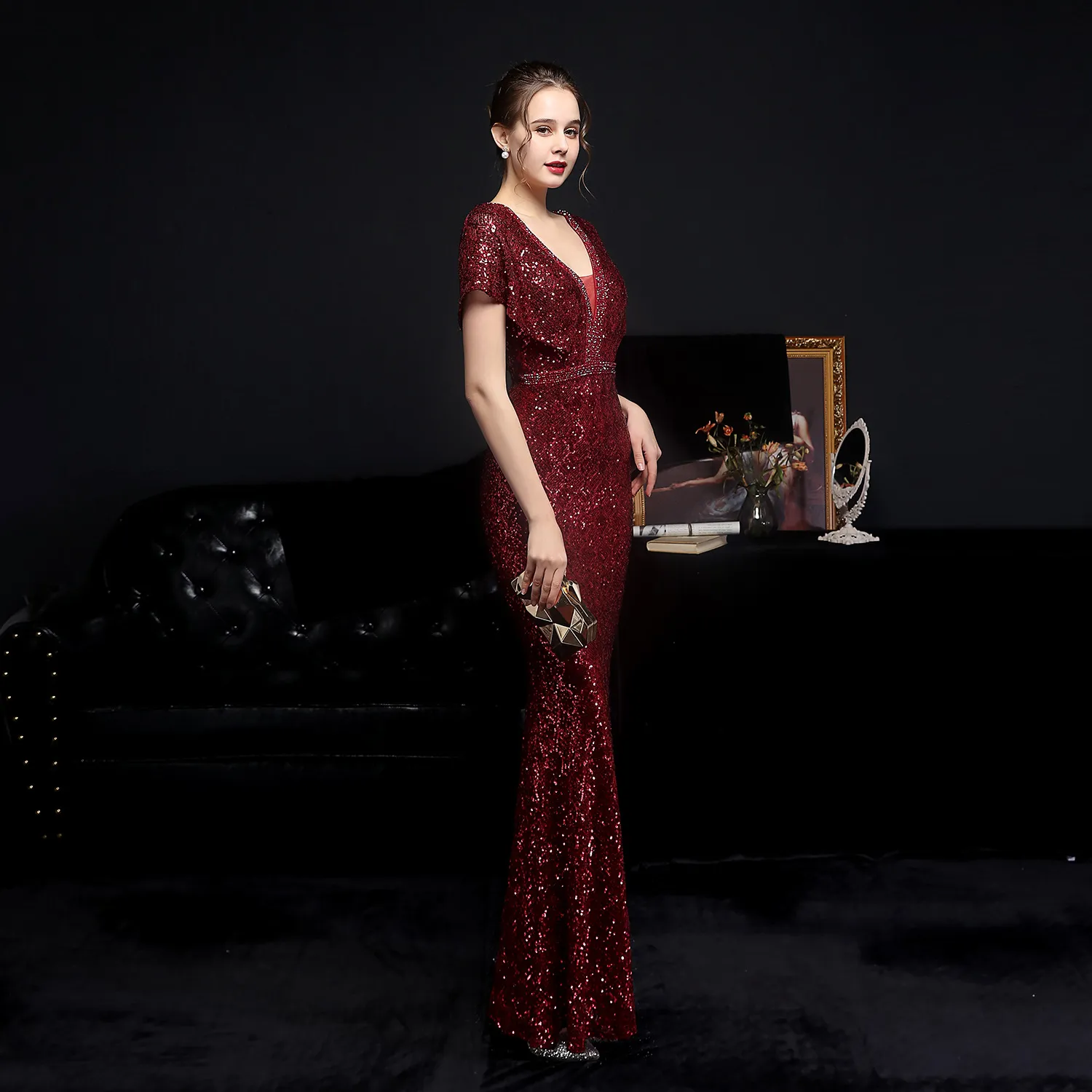 Women's Wine Red Satin Mermaid Evening Dress - Square Neck Cocktail Dress For Wedding Guest