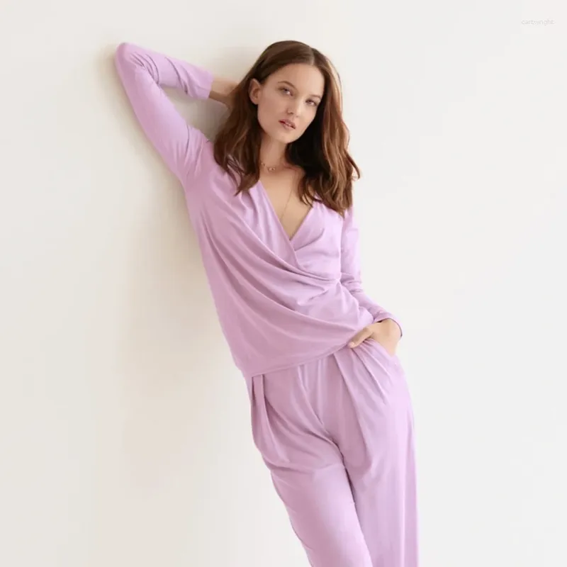 Women's Sleepwear Hiloc Criss-Cross Trouser Suits Spring Long Sleeves Home Wear Purple V-Neck Knitted 2 Piece Set Women Sets With Pants