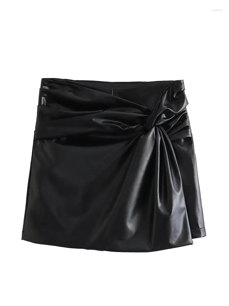 Women's Shorts YENKYE Fashion Women Front Knot Faux Leather Skirts Vintage High Waist Side Zipper Ladies Black Short Pants
