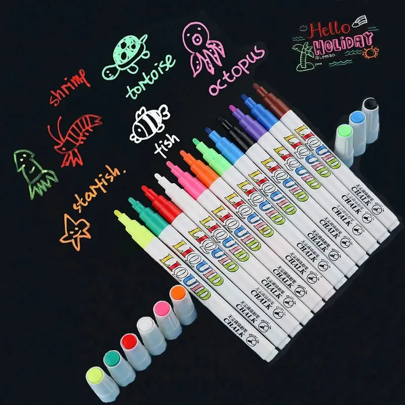 12 Renkset Sıvı Silinebilir Tebeşir İşaretleri Cam Pencereler İçin Parlak Neon Pens Blackboard Öğretim Araçları Ofis 231220