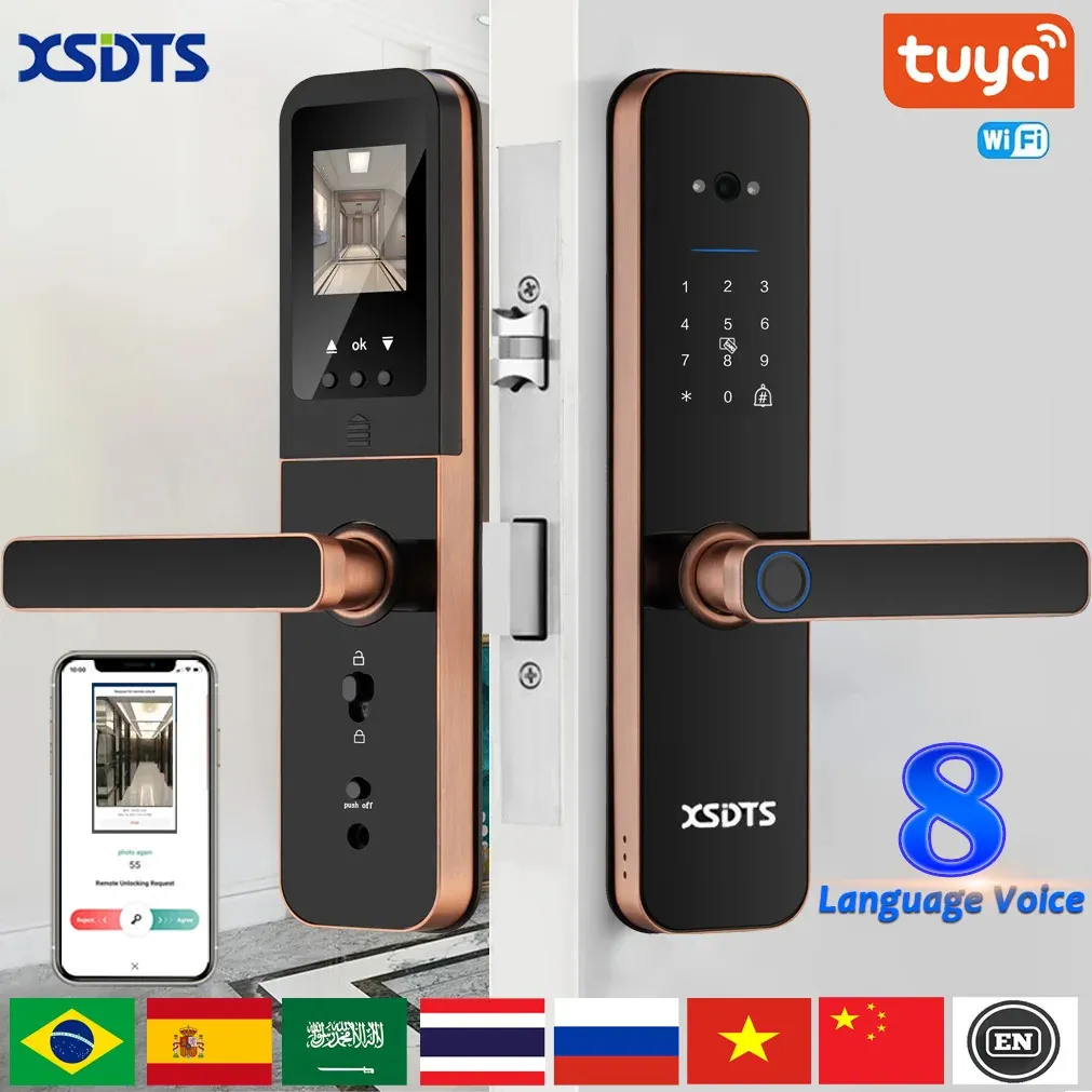 Serrature per porte XSDTS Smart Lock elettronico Tuya Wifi Fotocamera biometrica digitale Scheda di impronte digitali Password Sblocco chiave 231219