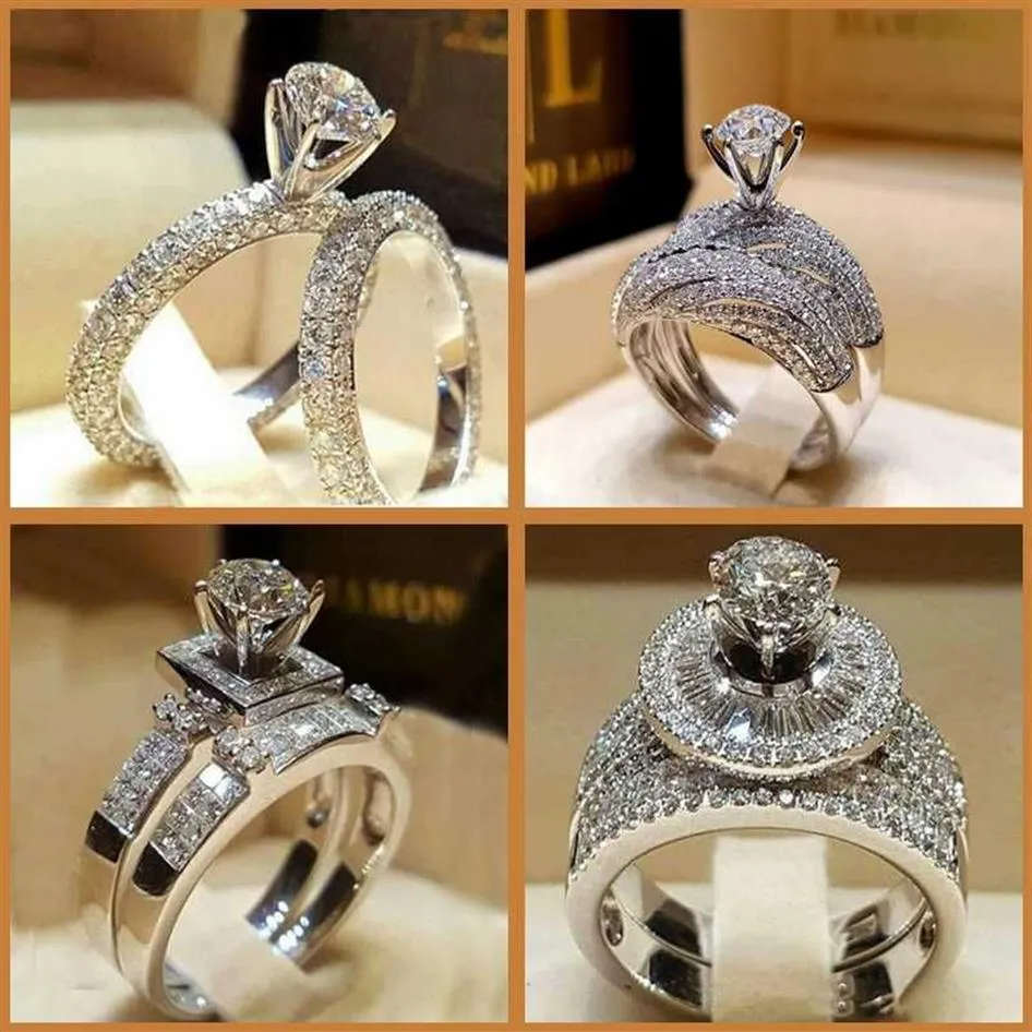 Luxo masculino feminino cristal zircão pedra anel prata cor vintage conjunto de casamento masculino feminino noivado anéis308b