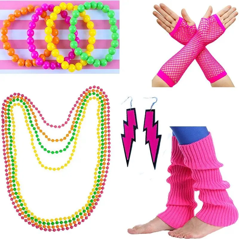 Party Supplies Women 80s Fancy Dress Costume Outfit Accessories Set Neon Bracelet And Beads Earrings Fishnet Gloves Kit