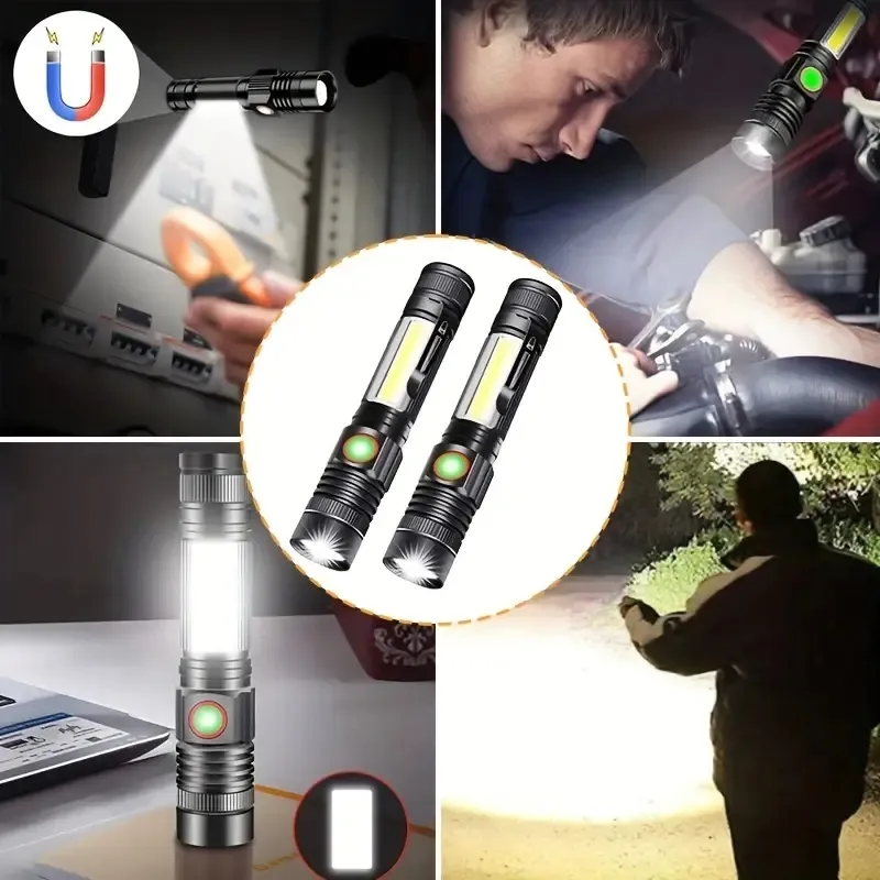 Lanterna LED magnética portátil com zoom, 2 unidades - à prova d'água, recarregável por USB, 4 modos de iluminação - ideal para camping e reparos