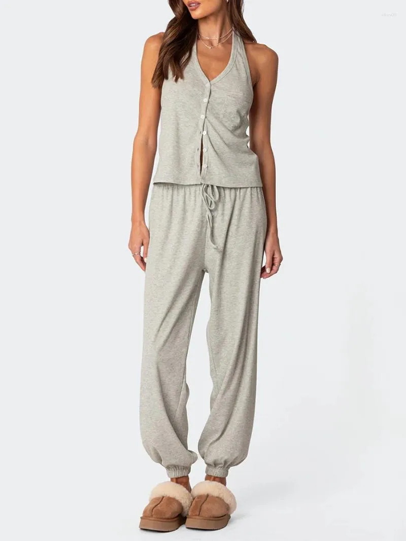 Vêtements de nuit pour femmes Femmes 2 pièces Ensemble de salon sans manches Halter Neck Bouton Tops Pantalons de cordon décontractés