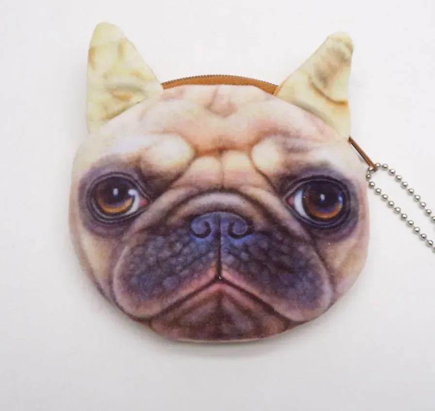 3D Cat Dog Face Plush Coin Purse Pouch Cute Puppy Pug Head Zipper Closure Wallet Cartoon Animal Bag Pendants Charm