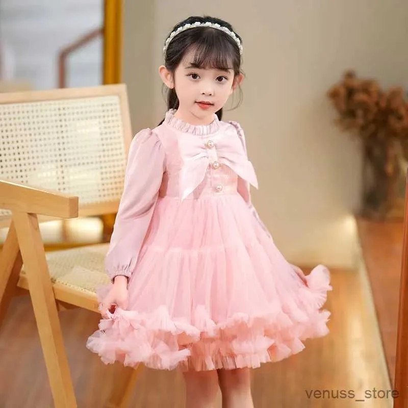 Mädchenkleider Kinderkleid süße Blumenmädchen Kleidung weiß rosa lang Ärmeln gestickte Frühlings- und Herbst Freizeit tragen Ballkleid