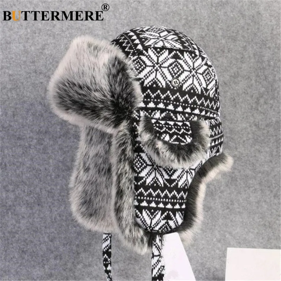 Trapper Hats Buttermere Russian Fur Hat Ushanka Black White Bomber Hats Manliga kvinnliga öronflikar Vinter tjock varm stickning utomhus Trapper Hat 231219