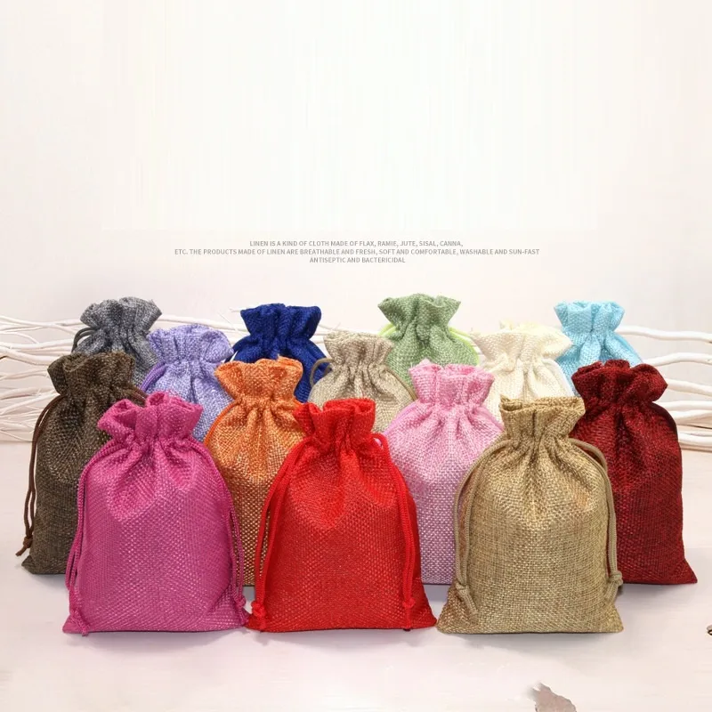 Borsa con coulisse in cotone e lino Confezione regalo per gioielli Regali di caramelle per matrimoni di Natale Custodia per cosmetici Borse per monete T9I002528