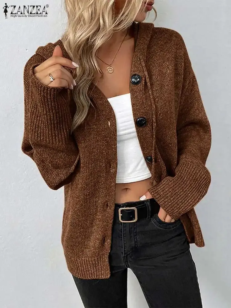 Zanzea Women Hooded Coat Casual Kinited Cardigan Winter Button Lång ärm Outwears Fashion Solid Color Sweater Overized 231220