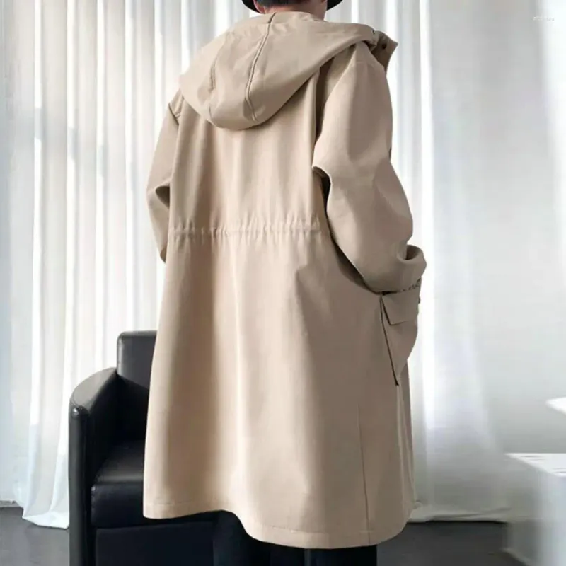 Heren Trench Coats Elastische mannen Windscheper Streetwear Coat met kap grote zakken winddicht ontwerp middele lengte solide voor