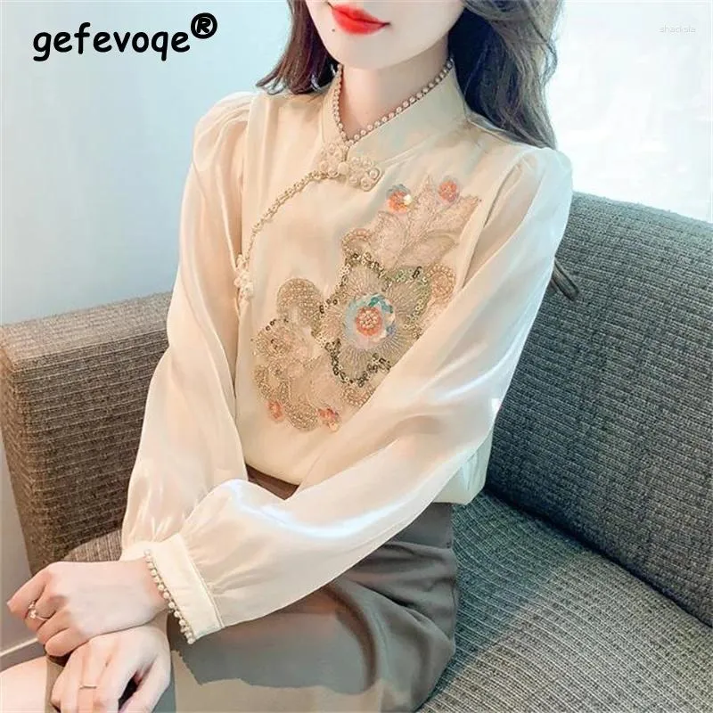 Blusas femininas estilo chinês vintage bordado design de luxo moda elegante chique frisado lantejoulas camisas femininas manga longa topos