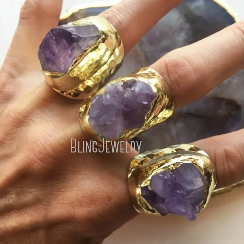 Band Rings Amethyst Cluster Gold Color Jewelry Wrap Band Large Purple Crystal Point Adjustable Cuff Engagement Ring Halloween Boho Wedding 231219