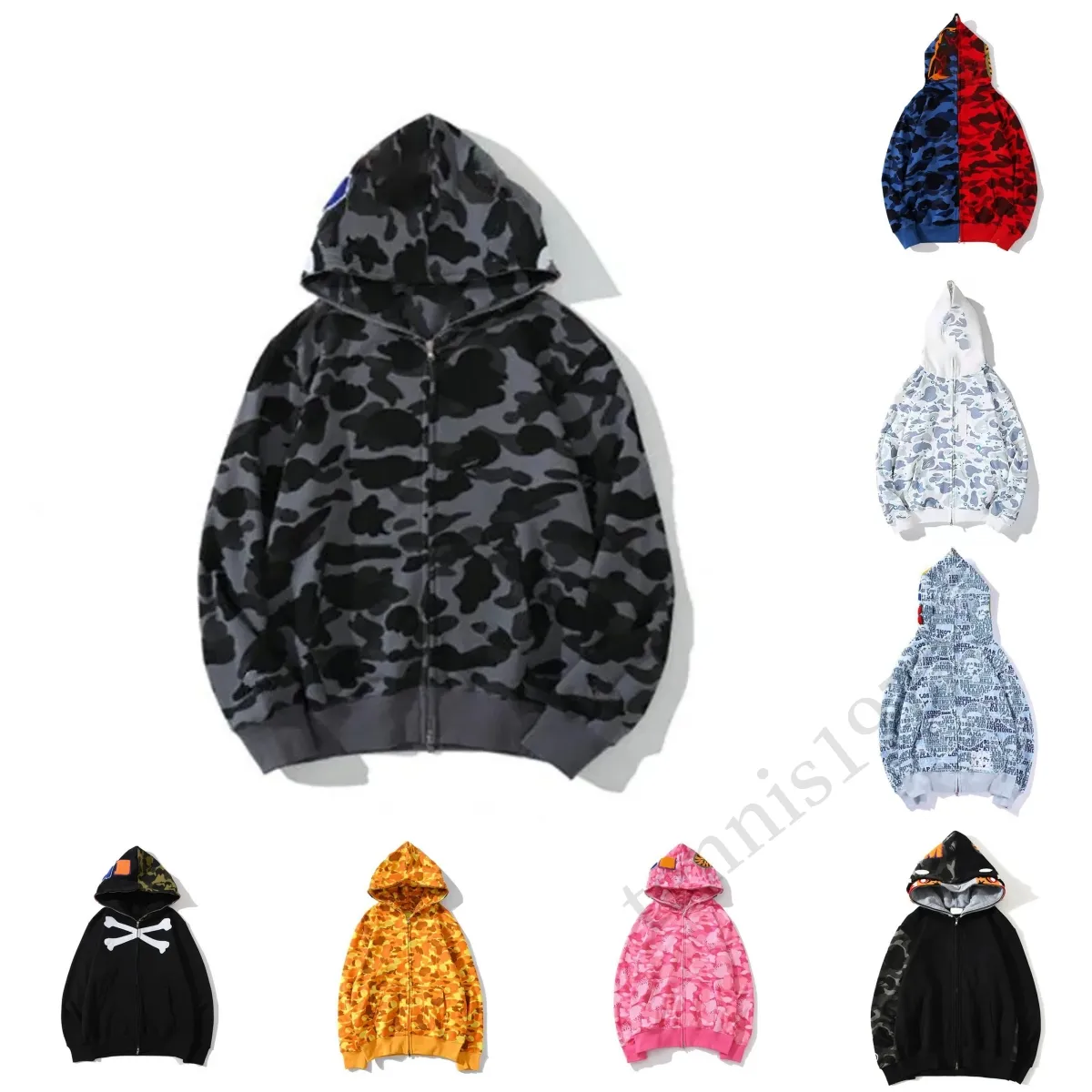 Bapeies Heren Hoodies Designer Hoodie Shark Lichtgevende Dames Sweatshirts Letters Camo Hoody Oversized Katoenen Zip Truien Hoodys Geborduurd Vest