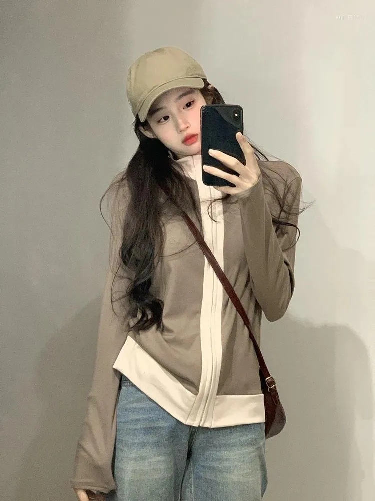 Women's Jackets Y2k Aesthetic Patchwork Women Harajuku Stand Collar Slim Coats Fashion 2023 Streetwear Zipper All Match Vintage Tops