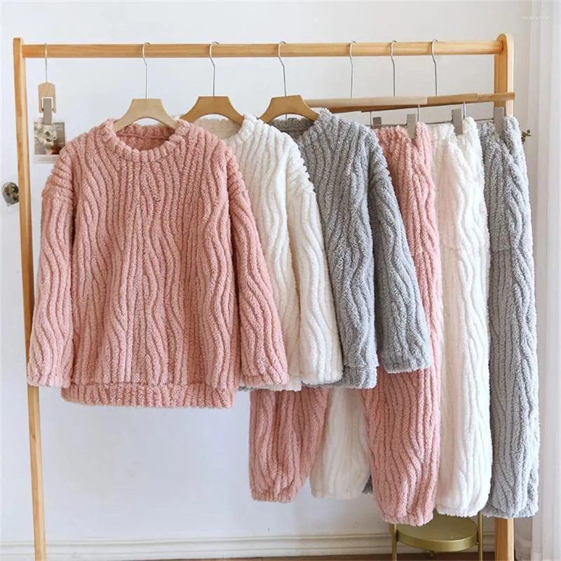 Pyjama en flanelle pour femmes, ensemble Jacquard à motifs ondulés, vêtements de maison et pantalons en molleton de corail, 2 pièces, automne et hiver