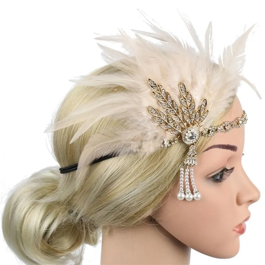 Fapback z lat dwudziestych na głowę. Pióro ryczące 20s Great Gatsby Inspired Leaf Medallion Pearl Women Hair Akcesoria 220224203W