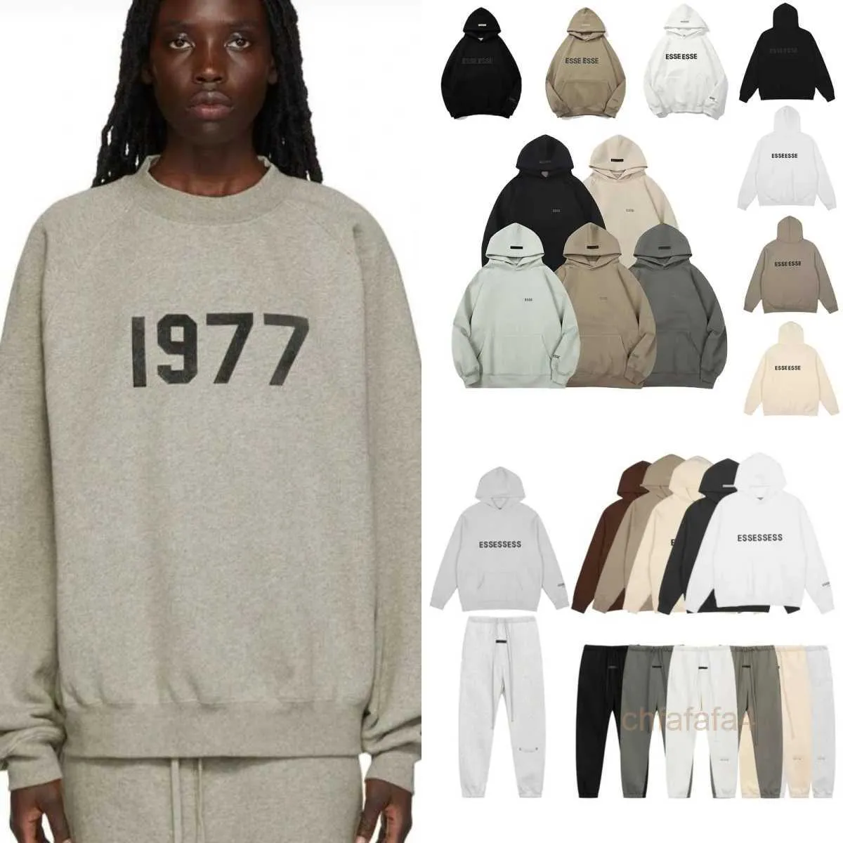 2023 Ess Mens Sweat à capuche Designer Essentialhoody Femmes Designer Lettre Zipper 1977 Peur Dieu Veste Automne Pantalon de sport Casual Set Essentialsweatshirt BW6J