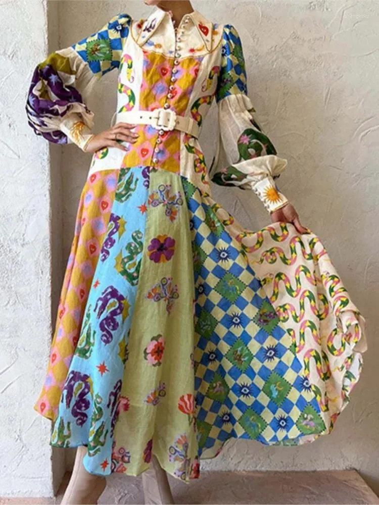 Robes decontractees pour femmes 2023 Automne Lanterne Manches Couleur Imprime A Lacets Dames Robes Mode Plage Fete Boheme Robe Robe