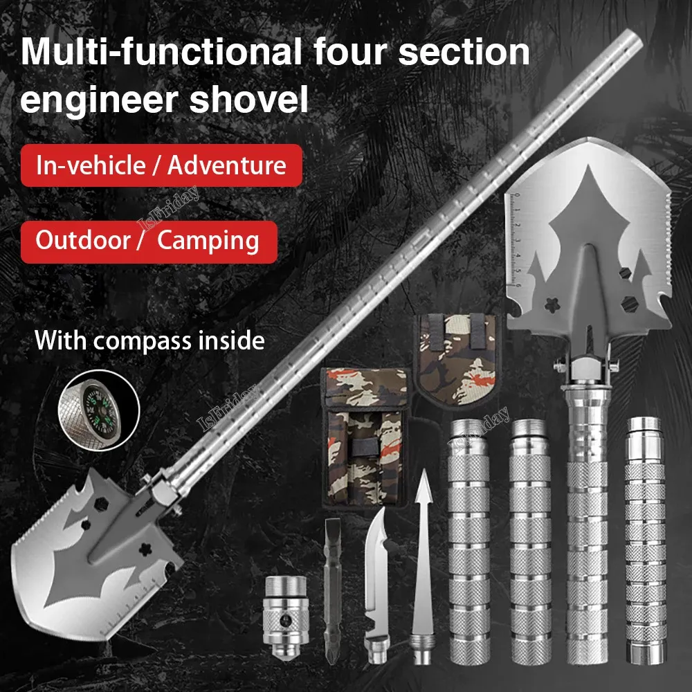 Spade Shovel Multifunctional Outdoor Camping Camp 4Section Fishing Folding Survival Militär Tactical Gardening Tools 231219