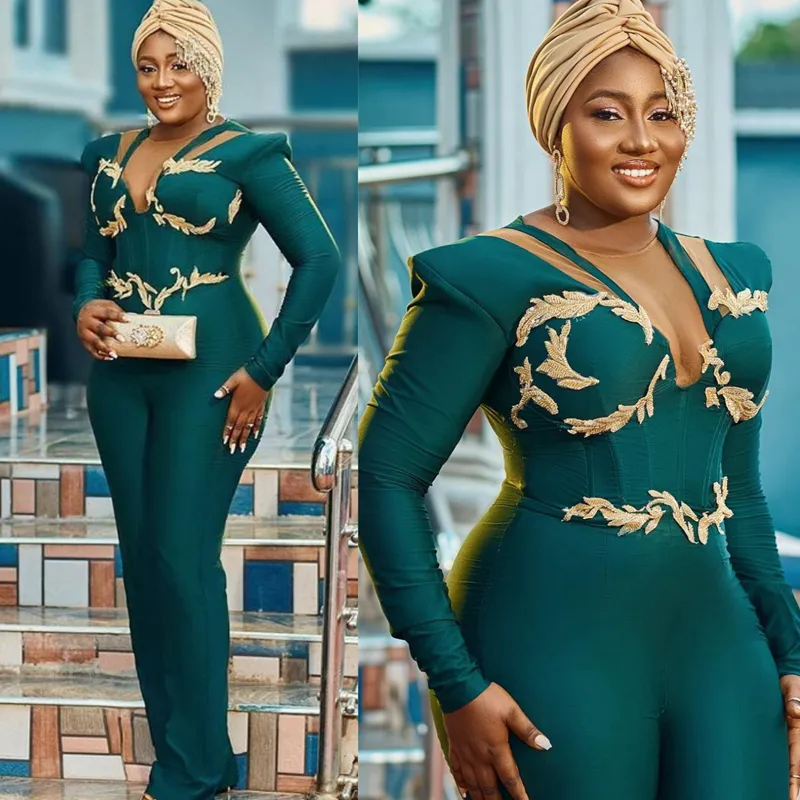 Hunter Green ett stycke Jumpsuits Plus Size Aso Ebi Prom Dresses For Black Women Illusion Pärrade kristaller Prom Dress Birthday Party-klänningar Speciella tillfällen AM212