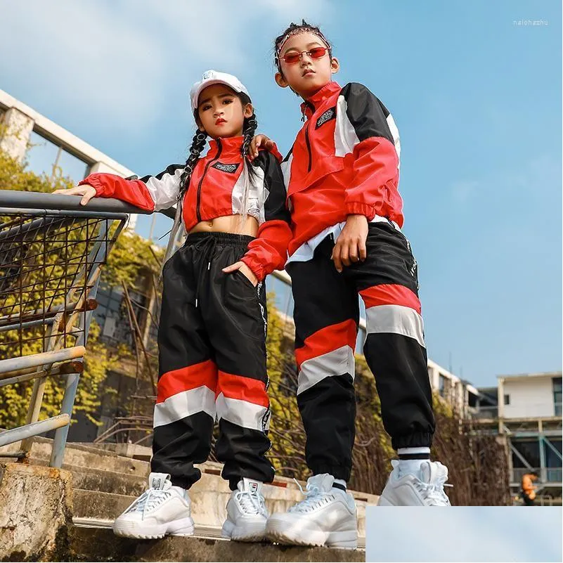 Abbigliamento da palcoscenico Costumi di danza jazz per bambini Giacca rossa Pantaloni sportivi Completo Abbigliamento Hip Hop Per ragazze Sala da ballo Abiti da ballo moderni Drop De Dh8A0