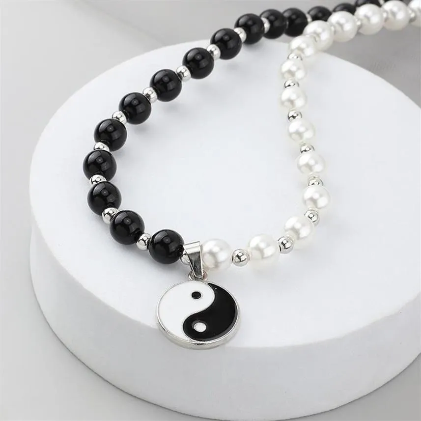 Colliers pour femmes, tendance Hip-hop, pendentif en perles blanches, Yin Yang Tai Chi Bagua, chaîne ras de cou, 254d