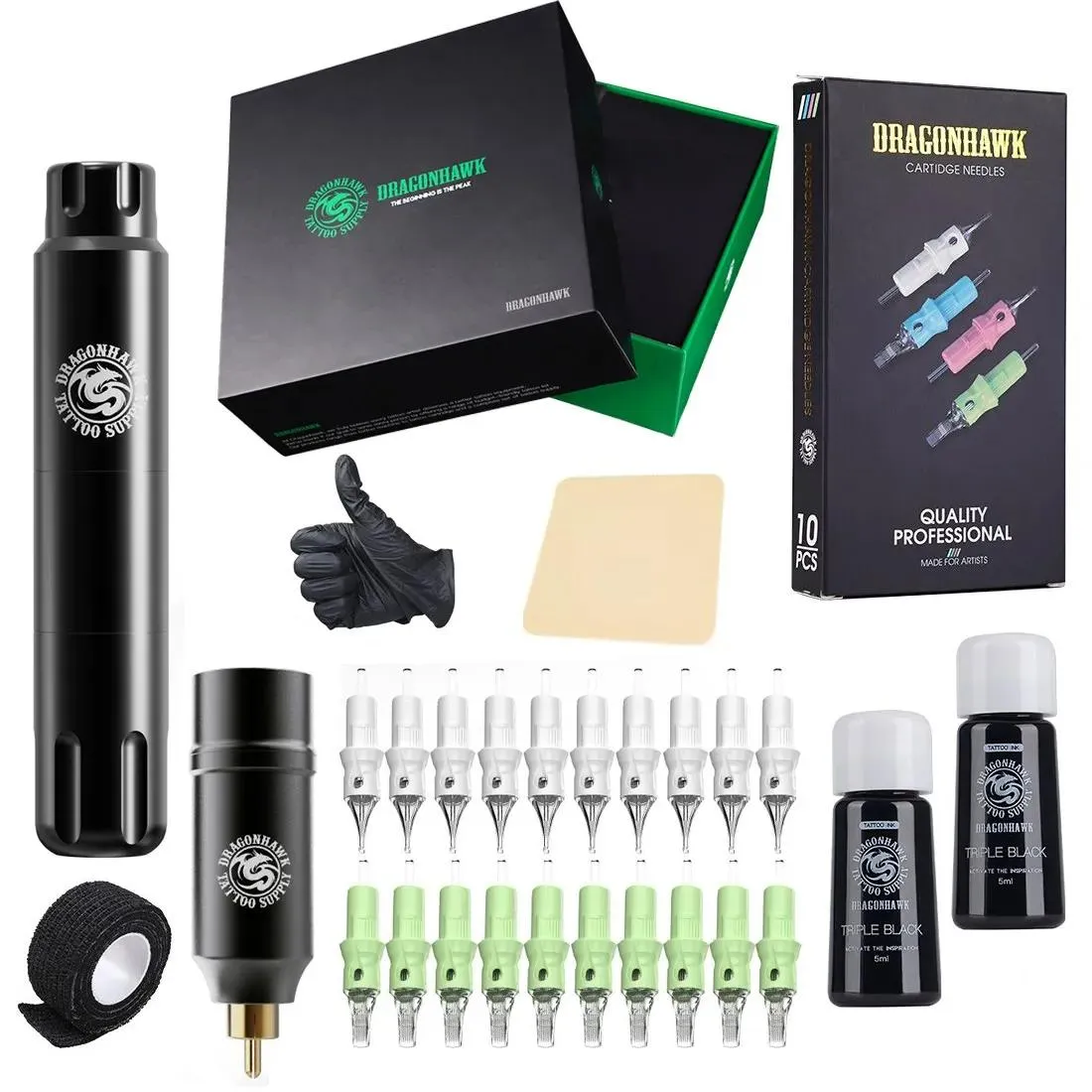 Kits Dragonhawk Wireless Tattoo Kit S12 Rotary Pen Machine Gun Batterij Cartridge naalden TZ083LY