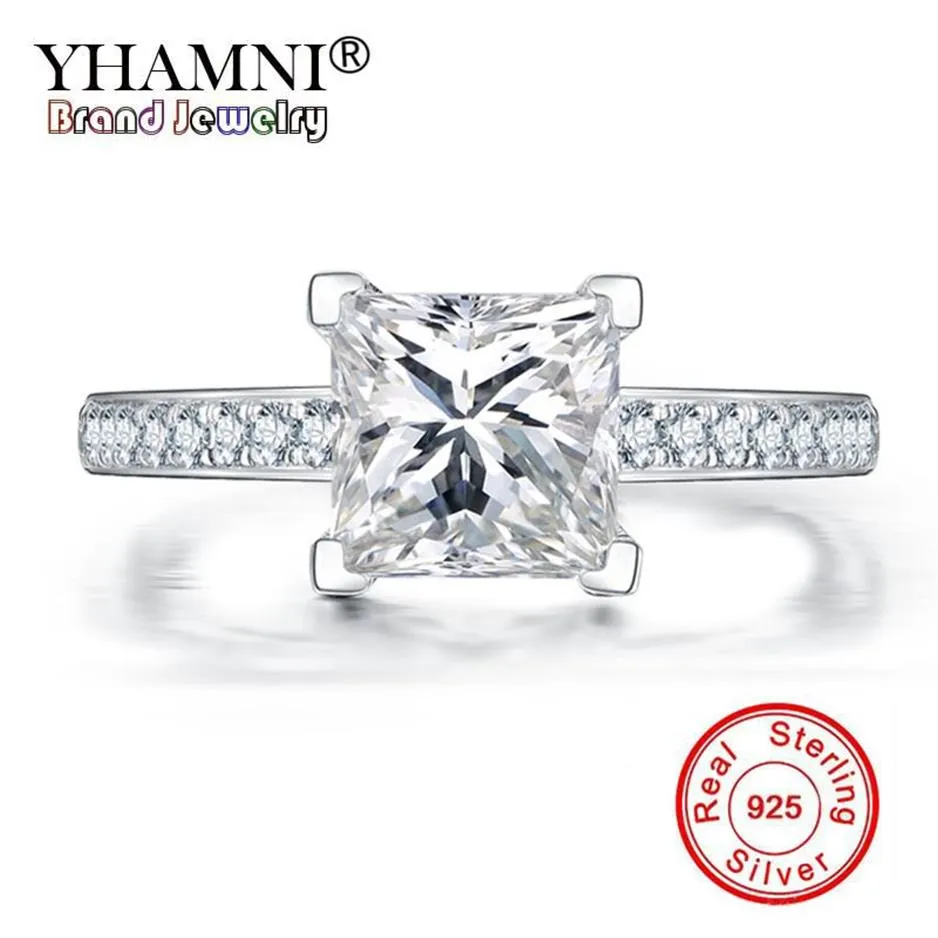 Yhamni Luxury Princess Solid 925 Sterling Silver Rings Bröllopsengagemang Acessory Cubic Zirconia Diamond Jewelry Ring for Women308o