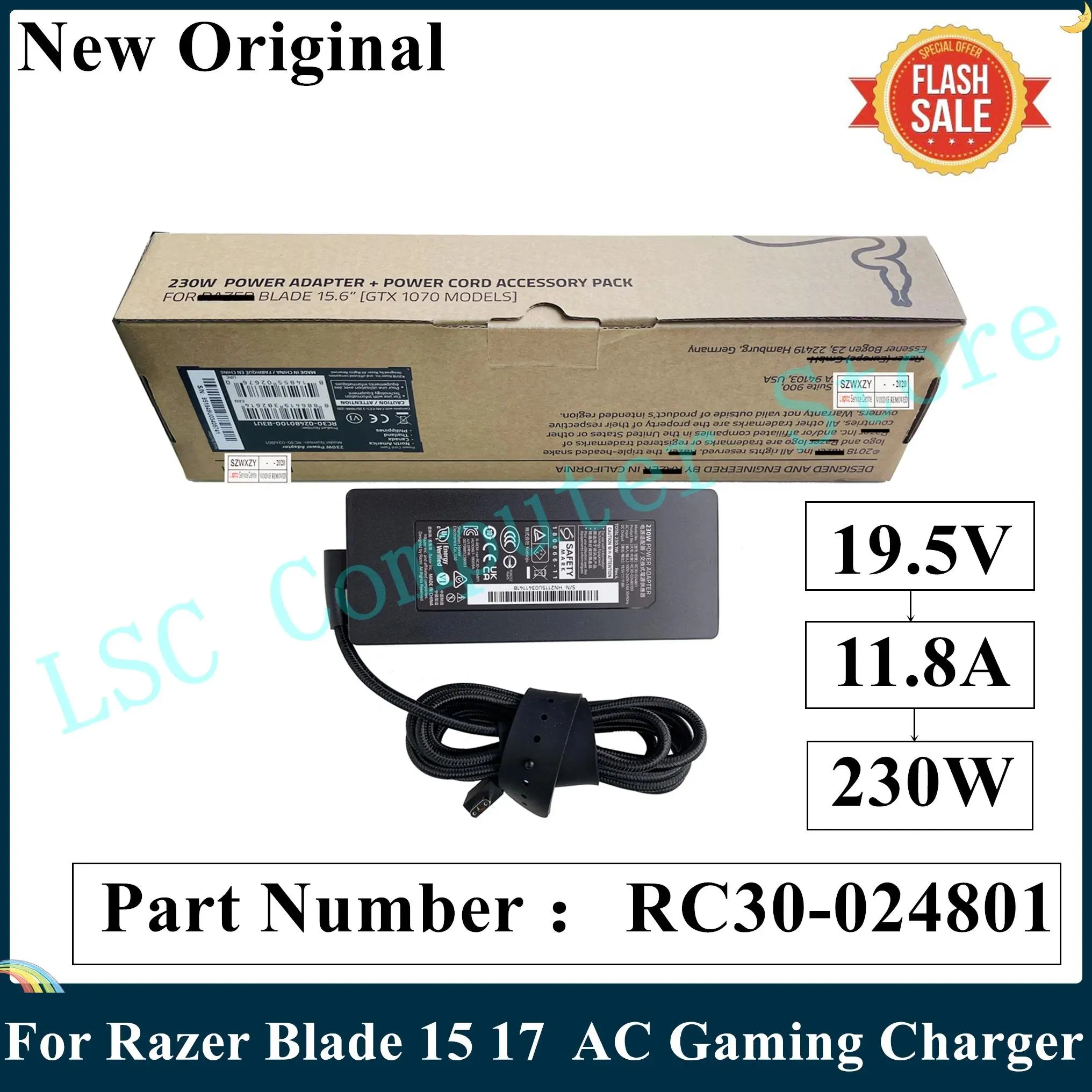 Chargers LSC Nuovo originale 19.5V 11.8A 230w 3holes RC30024801 Adattatore di alimentazione AC per Razer Blade 15 Advanced RX0902878E92 Caricatore per laptop