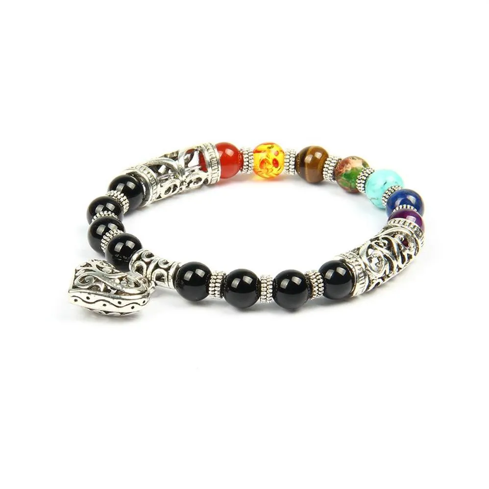 Nya 8mm 10mm män kvinnor 7 chakra armband armband färger blandade läkande natursten chakra be mala hjärtform charm armband j341s