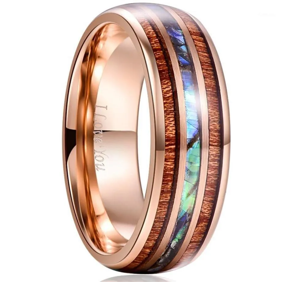 8mm AcaciaAbalone Shell Tungsten Steel Ring Male Rose Gold Engagement Annaersary Birthday Gifter Giffer Wood Men Ring Bague Homme1257y