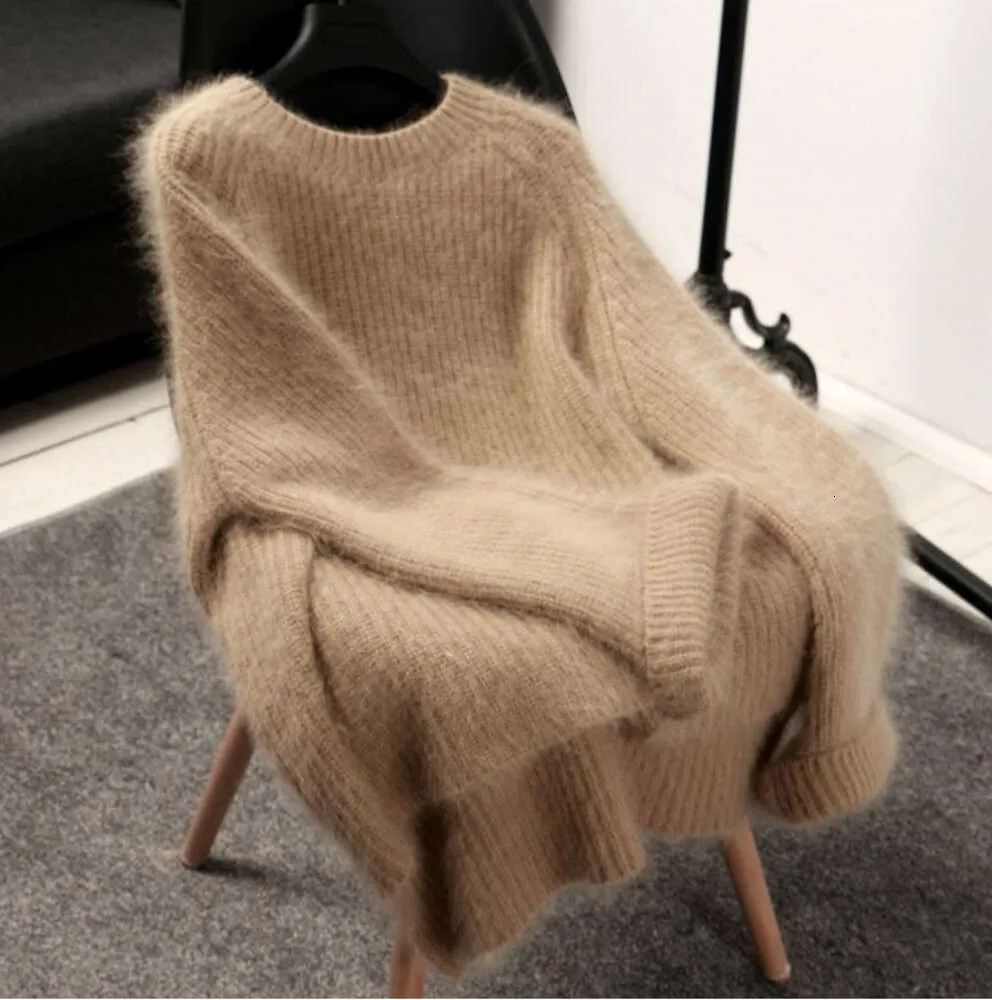 Kvinnors tröjor Vinterkvinnor förtjockade Loose Ol Mink Cashmere Sweater Furry Knitwear Jumpers Mohair Pullover Långärmad oregelbunden o-hals T8888