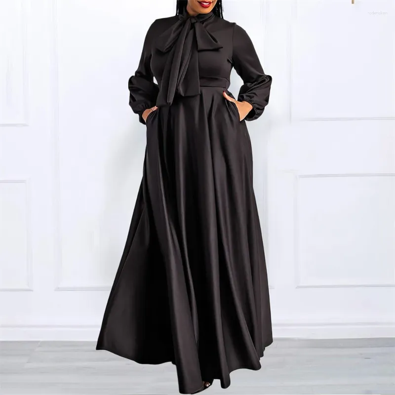 Etniska kläder Eleganta afrikanska aftonklänningar för kvinnor Bow Collar Lång ärm Hög midja Party Dinner Vestidos Maxi Dress Solid Color