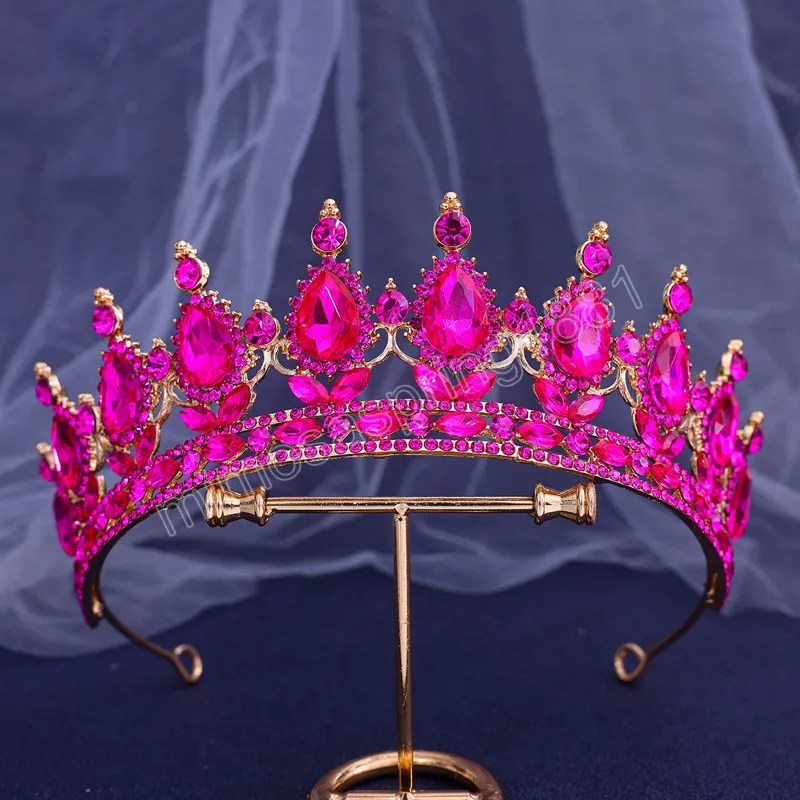 Princesa completa rosa vermelha cristal tiara coroa para mulheres meninas casamento elegante vestido de noiva festa jóias acessórios