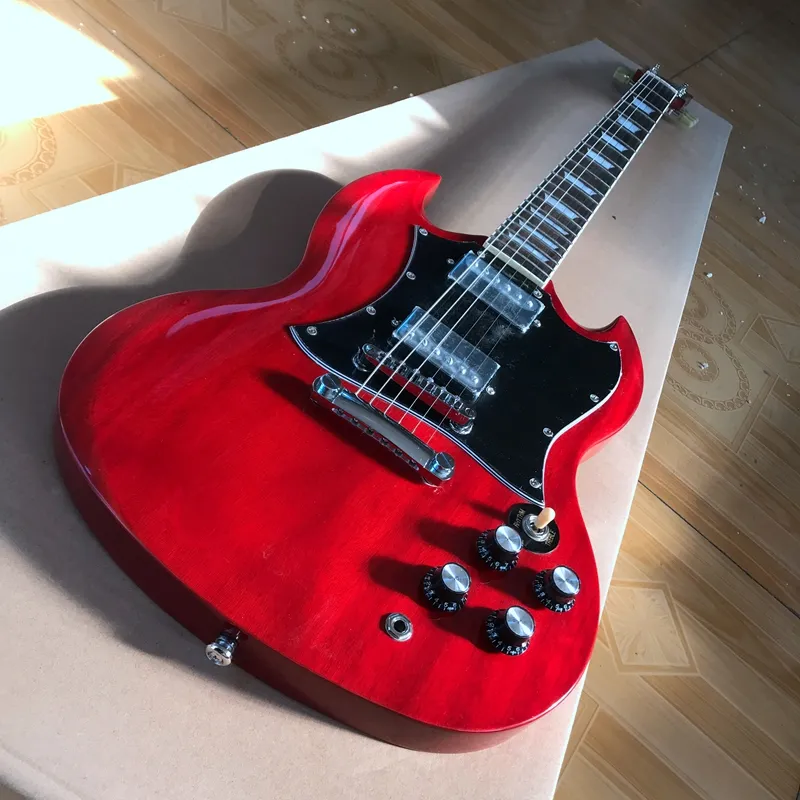 SG electric guitar, rosewood fingerboard, chrome hardware, transparent red, 2 pickups, solid mahogany body guitar, Free Shipping