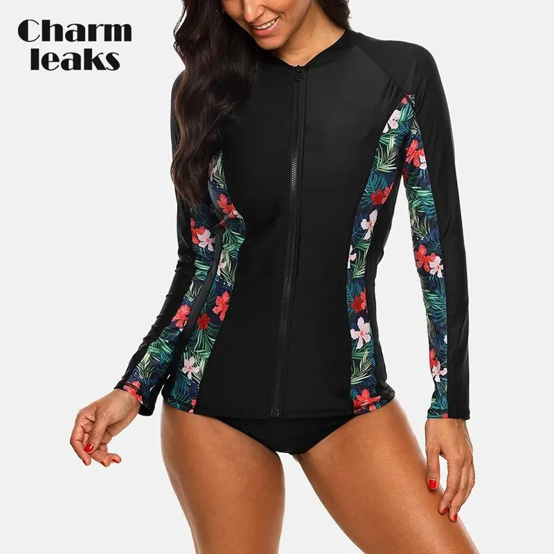 Dragen Charmleaks Vrouwen Lange Mouw Rits Rashguard Badpak Bloemenprint Badmode Surfen Top Rash Guard Running Shirts UPF50 +