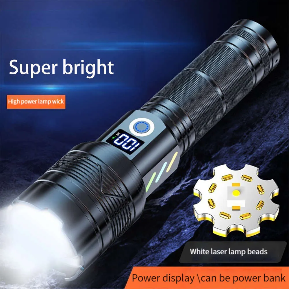 Nouvelles lanternes portatives torche lumineuse ultra forte longue portée lampe de poche LED puissante lampe de camping en plein air rechargeable par USB zoom lanterne affichage de la puissance
